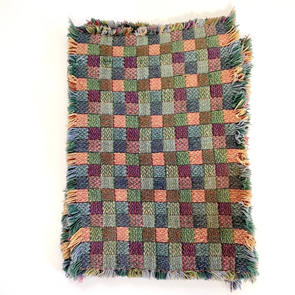 Vintage Woven Tapestry‎ Placemats Cottagecore Checkered Fringe Set of 2